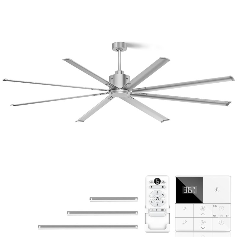 96 Inch Industrial Ceiling Fans No Lights, Large Ceiling Fan With 8 Reversible Blades, Outdoor/Indoor Industrial DC Motor Ceiling Fan With 6-Speed Remote Control For Porch Garage Shop Gym, Silver