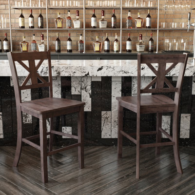 Commercial Grade Solid Wood Modern Farmhouse Cross Back Dining Stool with Footrest