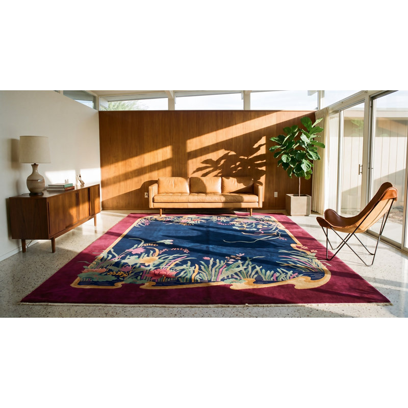 Antique Chinese Art Deco Room Size Wool Blue Rug