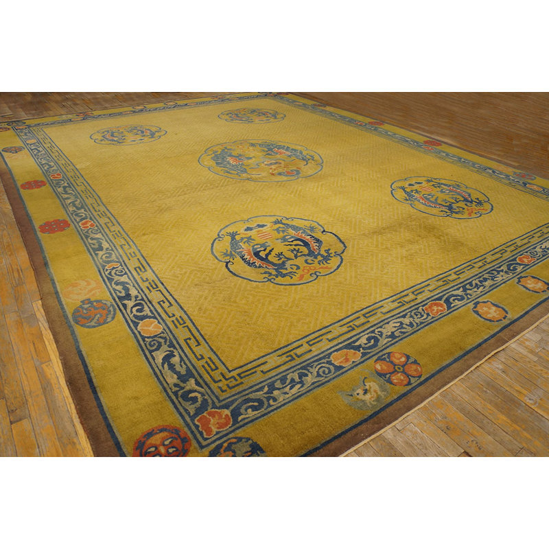 Antique Wool Hand Knotted Pile Yellow / Gold 1925 Chinese Dragon Rug