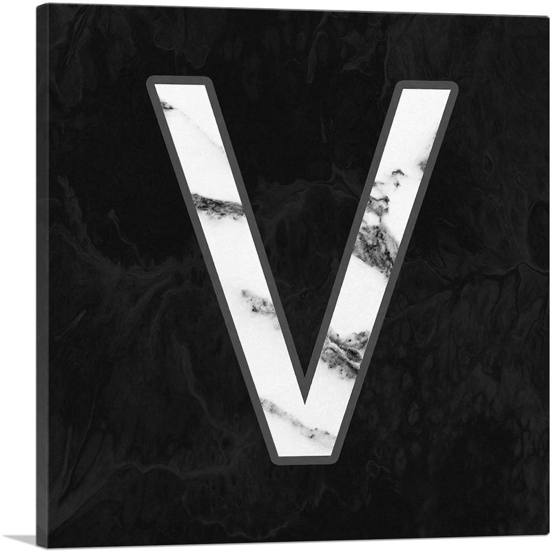 Classy Black White Marble Alphabet, lettre V - reproduction d'art textuel sur toile tendue, H 12 po x l 12 po x P 0,75 po