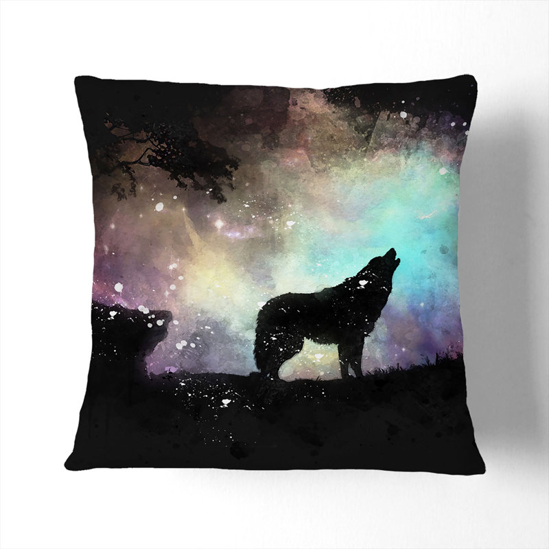 Howling Wolf with a Galaxy Forest Paint Splash Cushion with Filling, 40cm H x 40cm W x 15cm D, White
