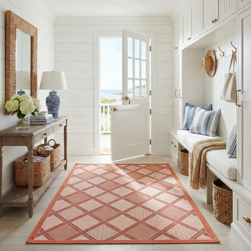 Arneshia Geometric Cream/Terracotta Indoor/Outdoor Area Rug, Rectangle 5'3" x 7'7"