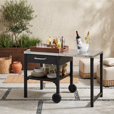 Chariot de cuisine pliable pour l'extérieur avec plateau de préparation en acier inoxydable, tiroir de rangement et tablette