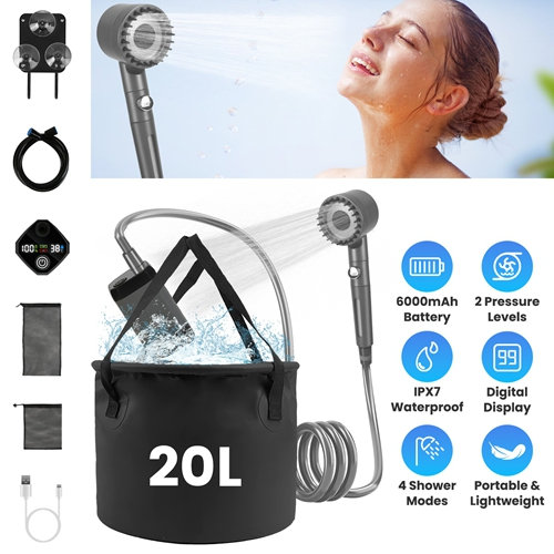 Douche portative pour camping avec pompe à douche IPX7 imperméable et rechargeable de 6000 mAh, pomme de douche filtrée, seau pliable 5,3 gallons pour la plage