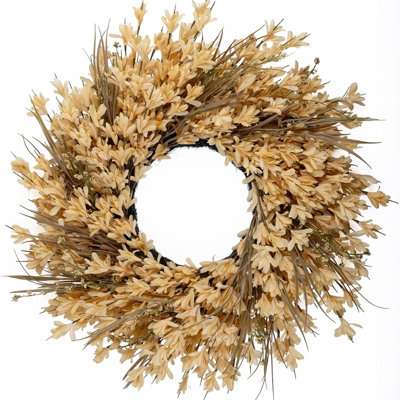 Grande couronne d'automne avec fleurs de forsythia jaune et décorations de baies, couronne florale d'automne réaliste pour la porte d'entrée, décoration saisonnière rustique pour le porche, le mur, la fenêtre et la décoration intérieure