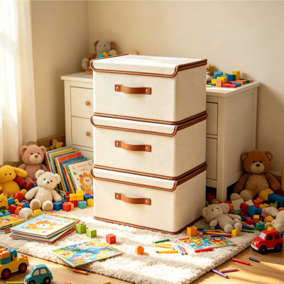 3Pcs Foldable Fabric Storage Bins with Leather Handles, 3‑Pack Fabric Storage Boxes with Lid, Collapsible Closet Organizer Containers for Shelves, Bedroom, Wardrobe, Home Organization, Dust‑Proof