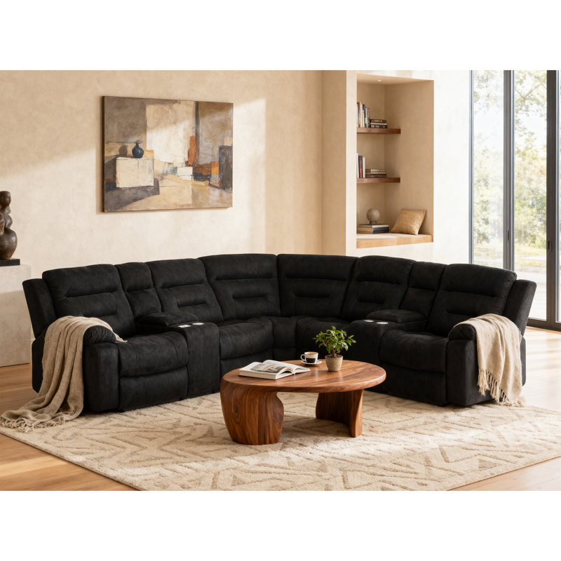 Canapé modulaire inclinable électrique 7 pièces, 2 fauteuils inclinables avec rangement et porte-gobelet, Suède noir