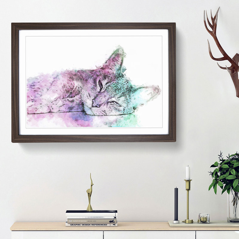 Colourful Abyssinian Cat in Abstract - Framed Print, 27cm H x 36cm W x 2cm D, Walnut Framed