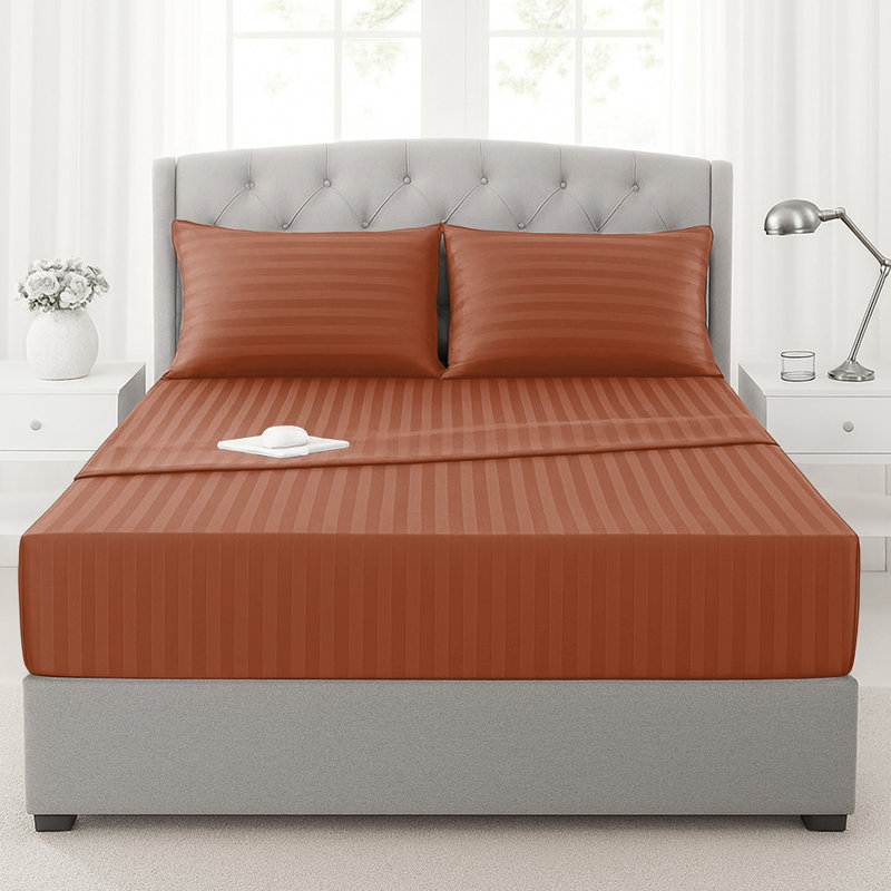 200 Thread Count Microfibre Stripe Fitted Sheet 40cm, Kingsize (5'), Rust