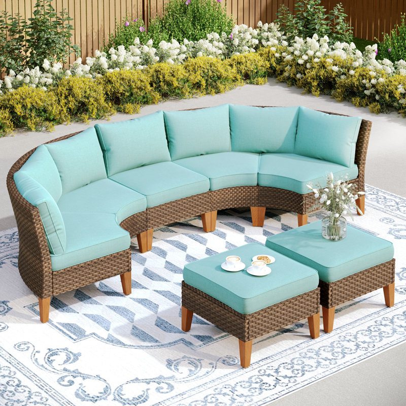 Salem 7 Piece Wicker Outdoor Patio Conversation Furniture Sectional Set with Fire Pit Table, Blue, No
