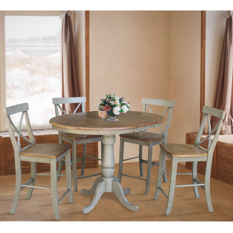 Caladin Extendable Solid Wood Dining Set, Hickory/Stone, 5