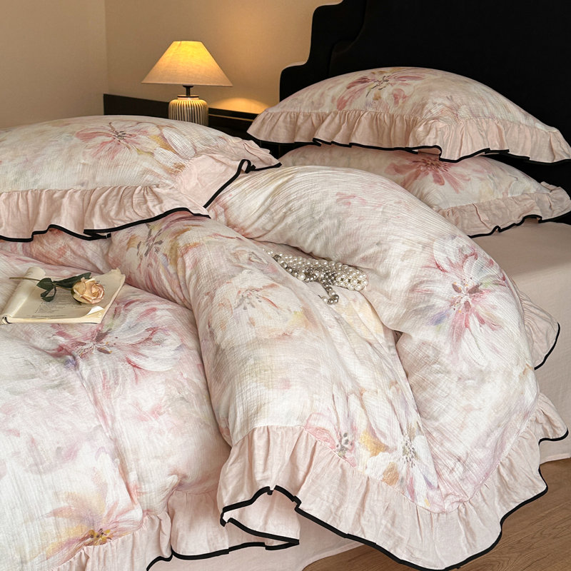 Floral Double-Layer Crinkle Cotton Duvet Cover Set, Queen Duvet Cover + 2 Pillowcases, Blush