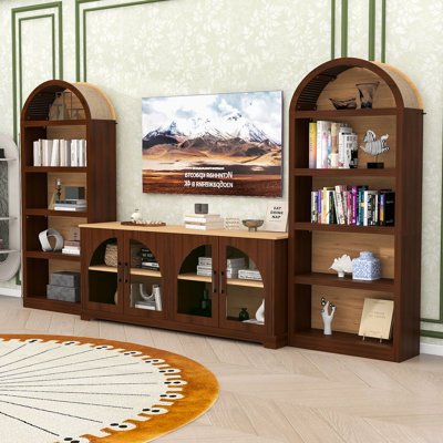 Meuble audio-vidéo en bois avec tablettes réglables et armoires à portes en verre