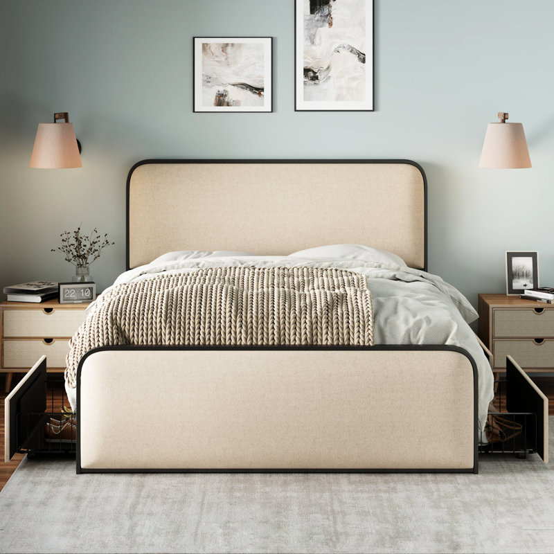 Structure de lit très grand, beige, design moderne, 4 tiroirs, revêtement doux pour l'esthétique de la chambre à coucher beige avec tête de lit incurvée et, dessous de poids de 800 lb, lin peau