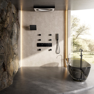 6-Function LED Music Rain Shower System with Digital Thermostatic Control, Body Jets and Handheld