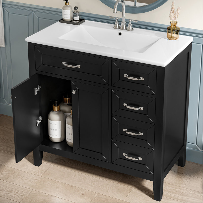 Meuble-lavabo 36 po avec lavabo, meuble-lavabo noir avec tiroirs, structure solide et panneau de fibres à densité moyenne