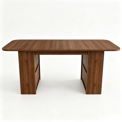 Wood Rectangular Dining Table with Built-In Storage Drawers & Side Open Shelf, Rounded Edge Farmhouse Kitchen Table, Wooden Dinner Table for Dining Room Living Room