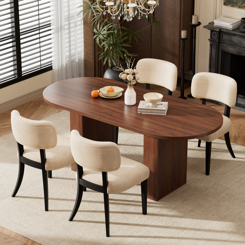 Oval Dining Table Set 62.9In MDF Tabletop With 4-6 Upholstered Fabric Dining Chairs For Kitchen Dining Room, Noyer