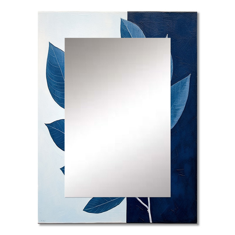 «Blue Indigo Leaves Harmony I», miroir mural décoratif traditionnel, art imprimé en métal, 32 po x 24 po