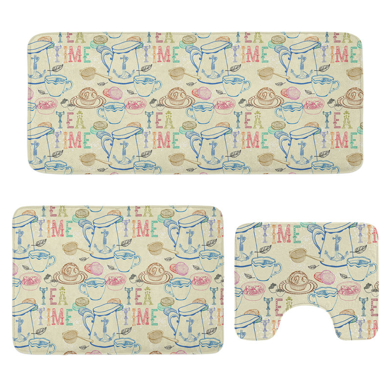  Multicolore ensemble de tapis de salle de bain 3 pièces Tea Party
