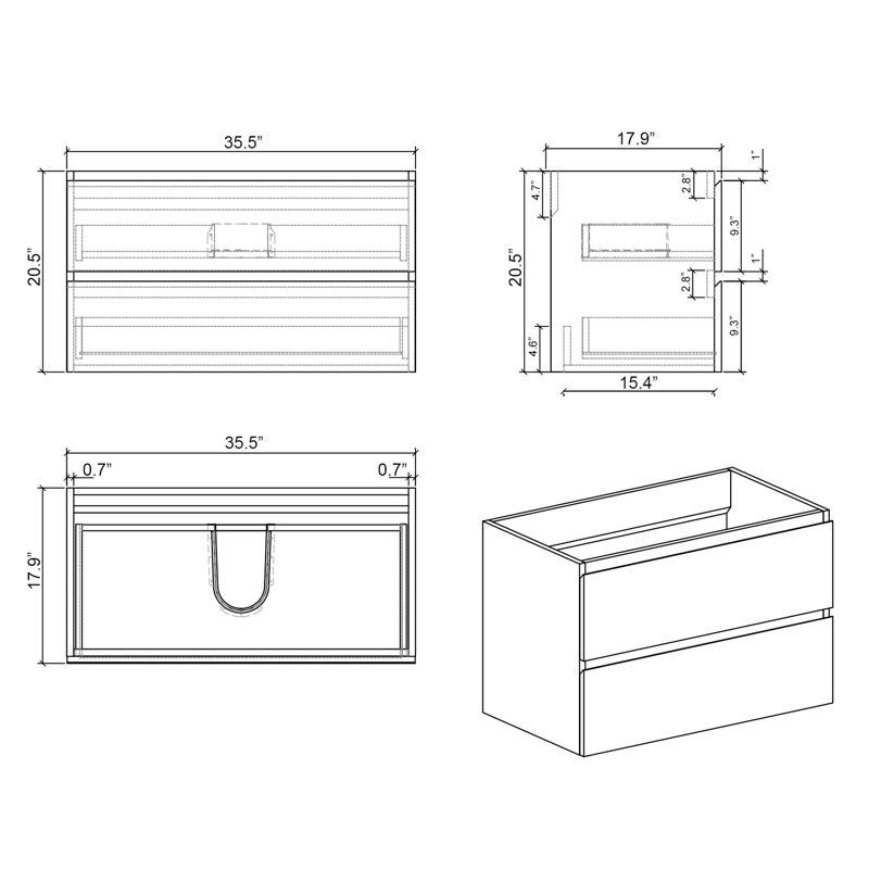 Without Basin Wall Mount Cabinet, Gray Design Theme, 2 Drawers Pre-Assembled, Silent Drawer Glides, Double Practical Solution Option Cabinet In - Space Optimization Feature