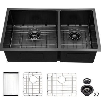 Évier de cuisine à double cuve 33 po x 19 po - Acier inoxydable noir acier, cuve profonde de 10 po, avec revêtement de condensation pour la protection 33 po noir encastré, améliore l'efficacité et réduit le bruit