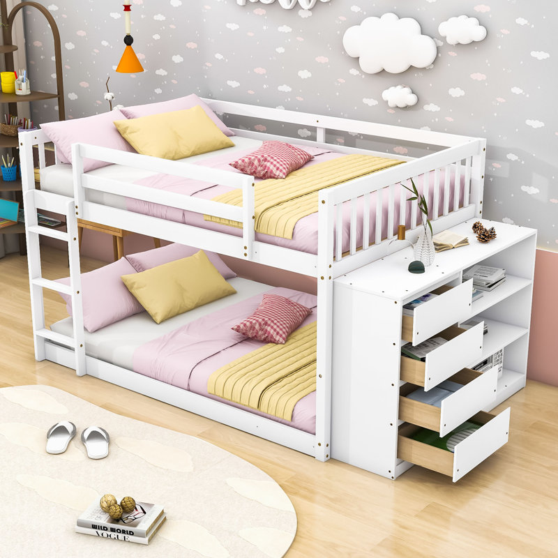 Lit superposé en bois avec tiroirs et tablettes de rangement, Lit superposé double sur double, Blanc