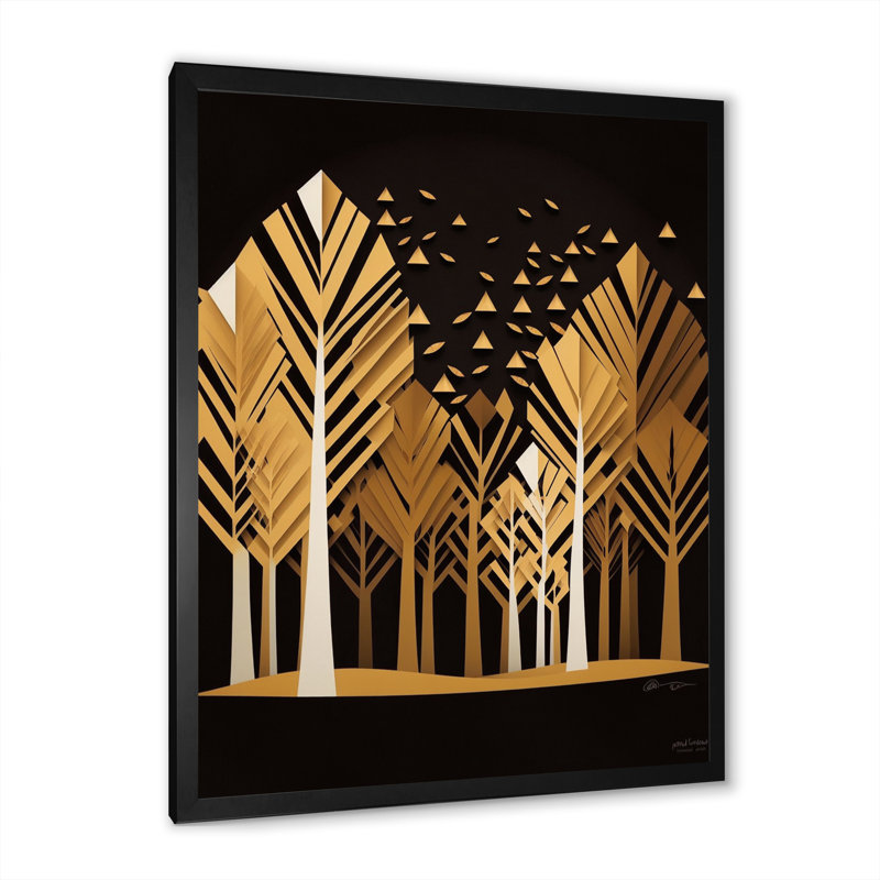 Abstrait forêt dorée sur toile, Cadre simple noir, H 44 po x l 34 po x P 1,5 po