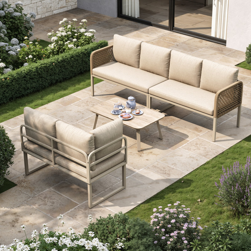5-6 Seat Modular Outdoor Sofa Set With Wood-Look Glass Table & Rope