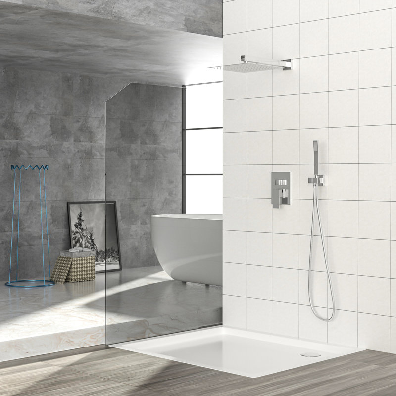 Douche murale avec deux têtes doubles de 12 pouces - Carrée, tête carrée, finition, Doré