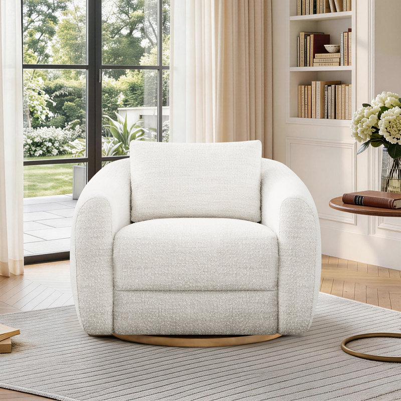 360° Swivel Accent Chair with Top-Grain Leather or Boucle Fabric and Wide Armrests, Biege