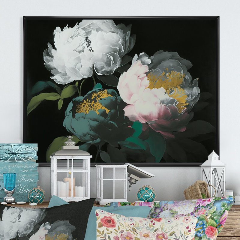 «White Blossoming Peony on Black II», reproduction sur toile, L 40 po x H 30 po, Toile à cadre flottant noir