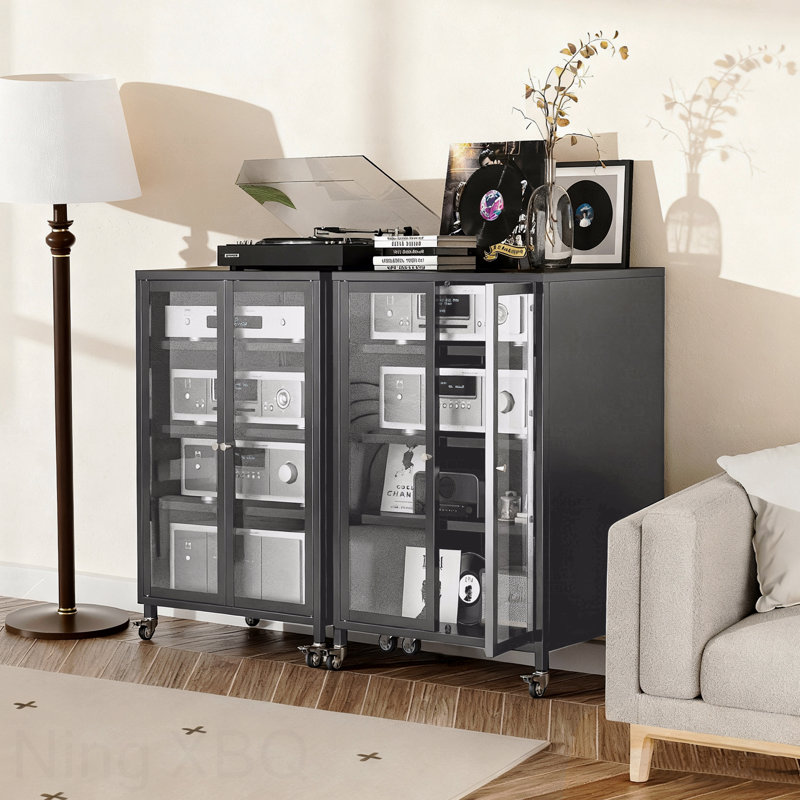 Armoire de rangement multimédia haute 35,8 po avec roulettes, meuble télé stéréo AV avec 4 tablettes et porte réglables en verre, structure en acier robuste pour le salon, assemblage facile
