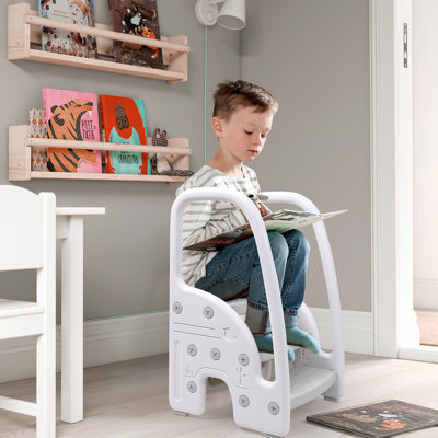 3-Step Toddler Step Stool with Ergonomic Armrests, Anti-Slip Steps & Base, Modern Compact Design for Bathroom Kitchen Home Use White & Light Gray
