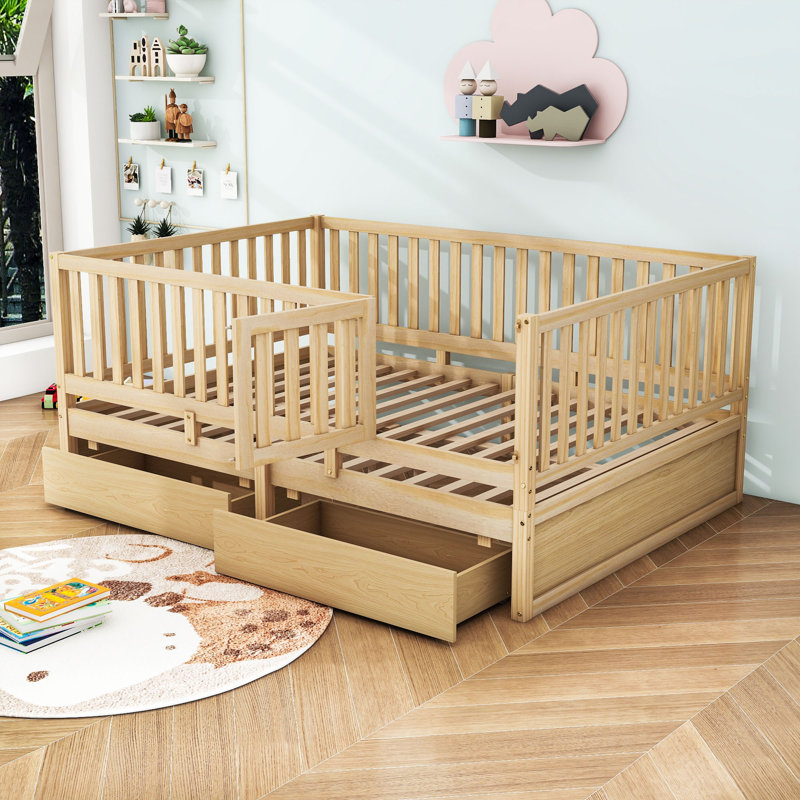Storage Wooden Floor Bed with Guardrails and 2 Drawers, Full, Natural