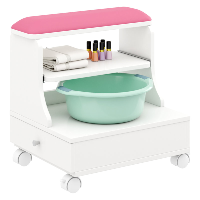 Rolling Pedicure Foot Rest Stool w/Storage,Pull-Out Tray&Drawer&Side Shelf | PU Cushion Manicure Foot Rest Stand,Pedicure Foot Stool,for Beauty Salon,Nail Tech Foot Bath Spa,Massage Station (Pink)