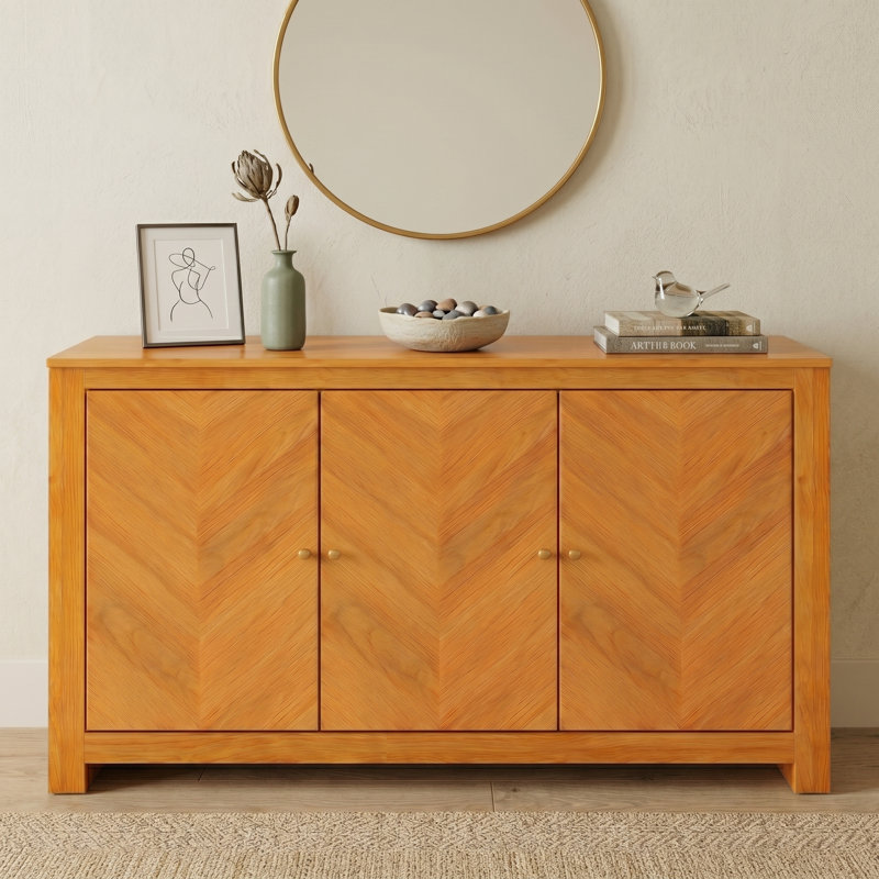 Aleshire Modern 44.3" 3 Door Chevron Pattern Sideboard with Storage, Amber Walnut