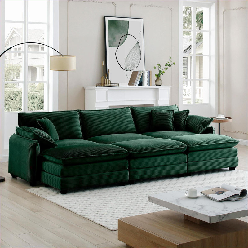 Canapé-lit modulaire, 3 places surdimensionné avec 3 repose-pieds, rétro moderne pour le salon et amp; Home cinéma | Vert | Velours côtelé