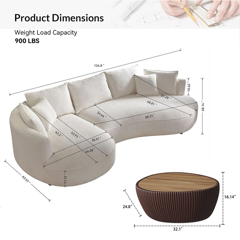 Canapé modulaire courbé 125 "avec table basse 125", Orienté à gauche (vu de face), Bois brun/naturel