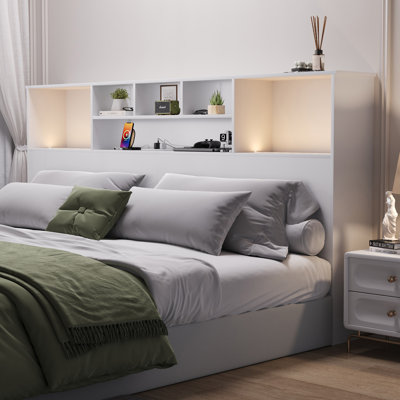 Modern Wooden Bookcase Headboard with Adjustable LED Lights & Charging Station – Queen & King Sizes, Scroll Down for Assembly Video