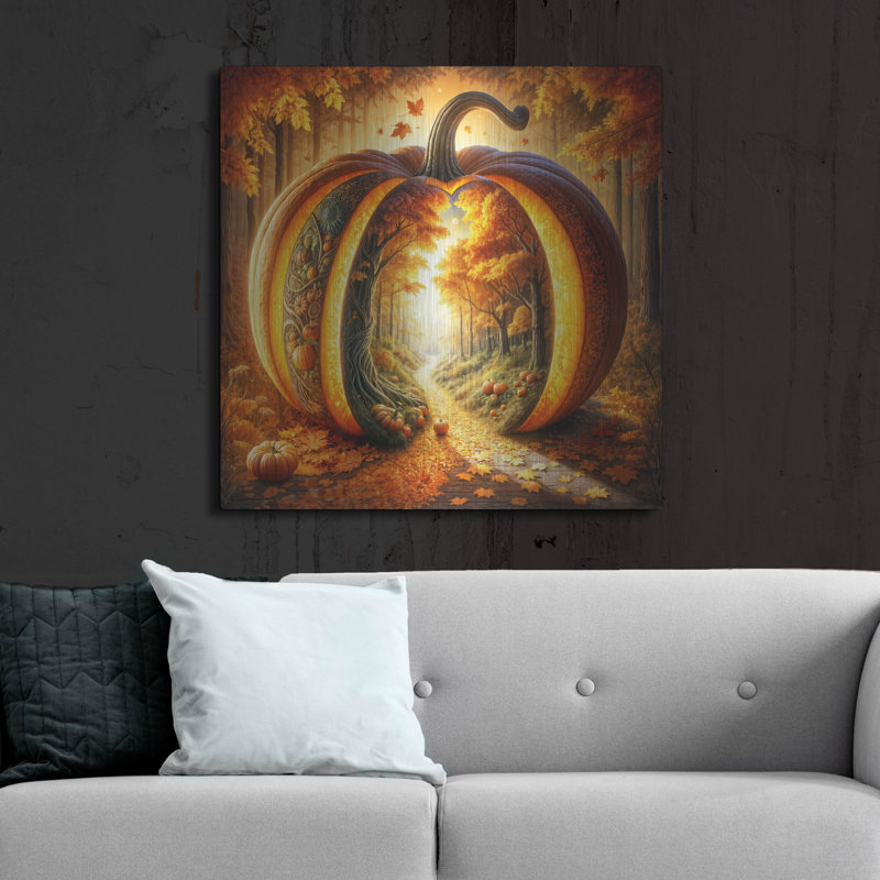  «Fall Landscape Pumpkin 1» par Rey Klimt, art mural en métal, 36 po x 36 po, H 36 po x l 36 po