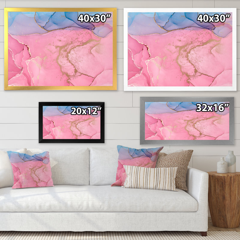 Art à l'encre rose rose avec horizon bleu - reproduction sur toile, H 30 po x l 40 po, Toile à cadre d'angle fermé doré