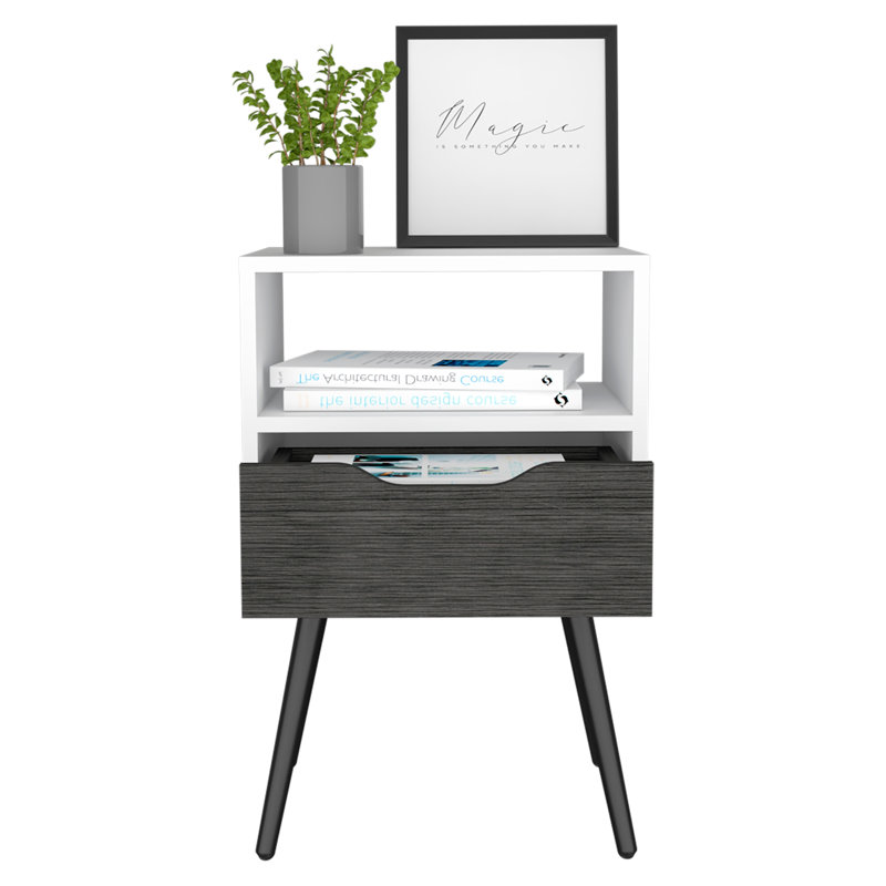 Table de chevet, plateau supérieur, une tablette ouverte, un tiroir, quatre pieds - chêne fumée / blanc, Gris