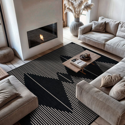 Aztec Stripe Black Machine Washable Polyester Non-Slip Backing Area Rug
