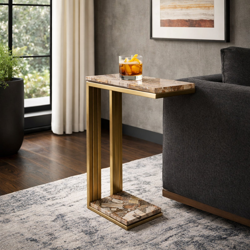 Petrified Wood Side Table With C-Shape Base For Living Room - Stylish Narrow End Table For Reading Nook Or Covered Patio - 24", Gold