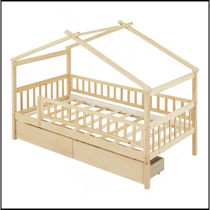 Lit en bois avec deux tiroirs, Natural