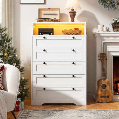 5-drawer Dresser With Led Lights - Modern Storage Cabinet For Bedroom, Living Room, White/black