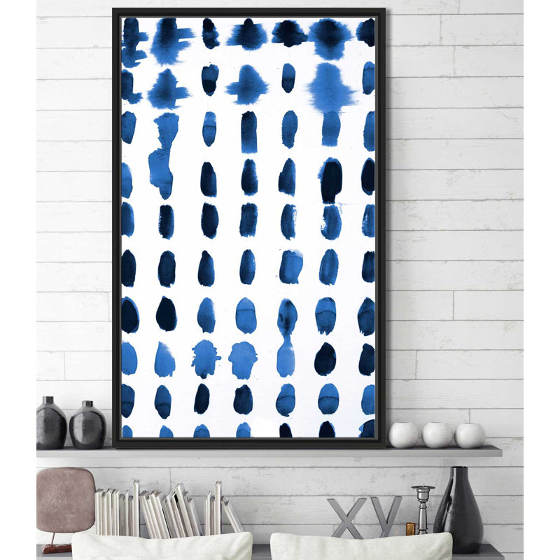 «Blue Spots Pattern», reproduction de peinture à l'aquarelle, H 63,5 po x l 39,5 po x P 2 po, Cadre flottant noir