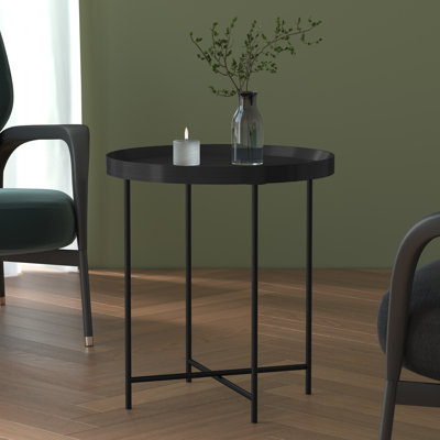 Black Round Side Table with Lacquered Wood Top and Iron Base 50cm